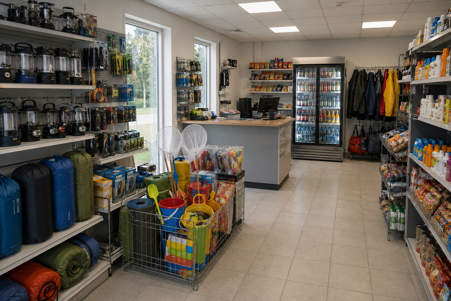 Interior of a campsite shop with shelves of sleeping gear, lamps and tools