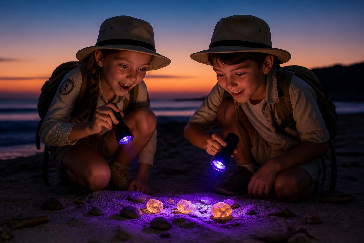 Young explorers hunting glowing amber with UV flashlights on a beach at dusk
