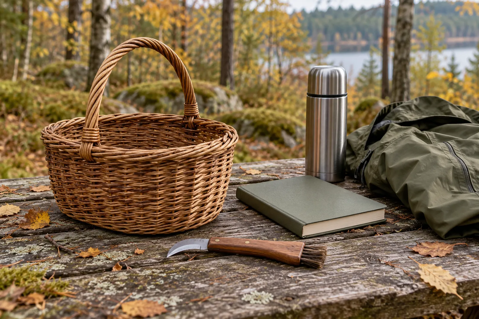 Kurv, kniv med børste, bog og termoflaske til en svampetur