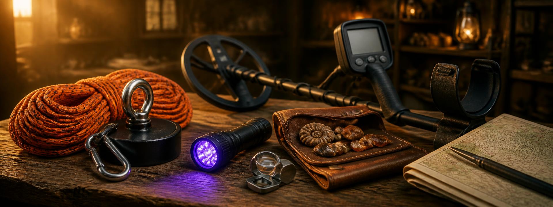 Freshly unpacked treasure-hunting gear on a wooden workbench
