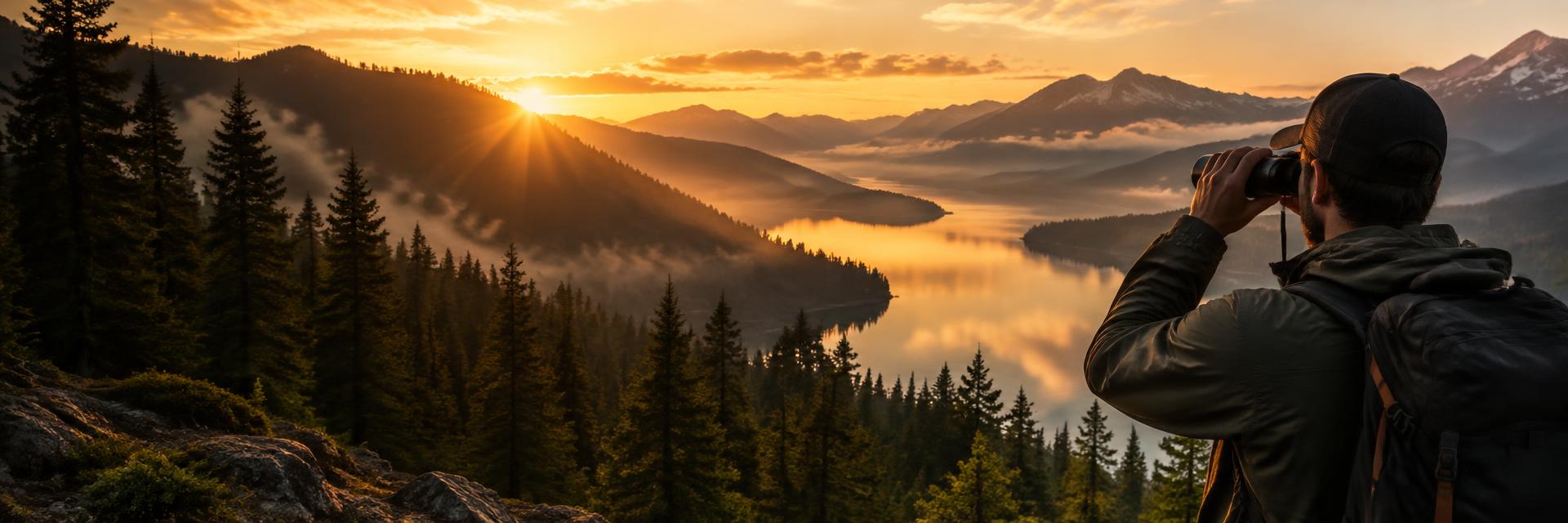 Mand med kikkert ser ud over bjergsø ved solnedgang