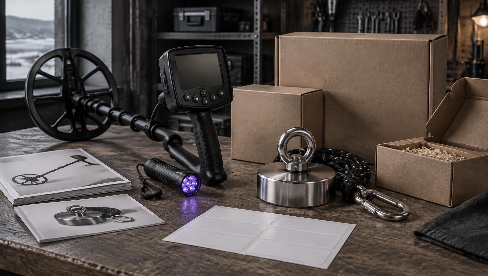 Private label metal detector, fishing magnet and blank packaging on a workbench