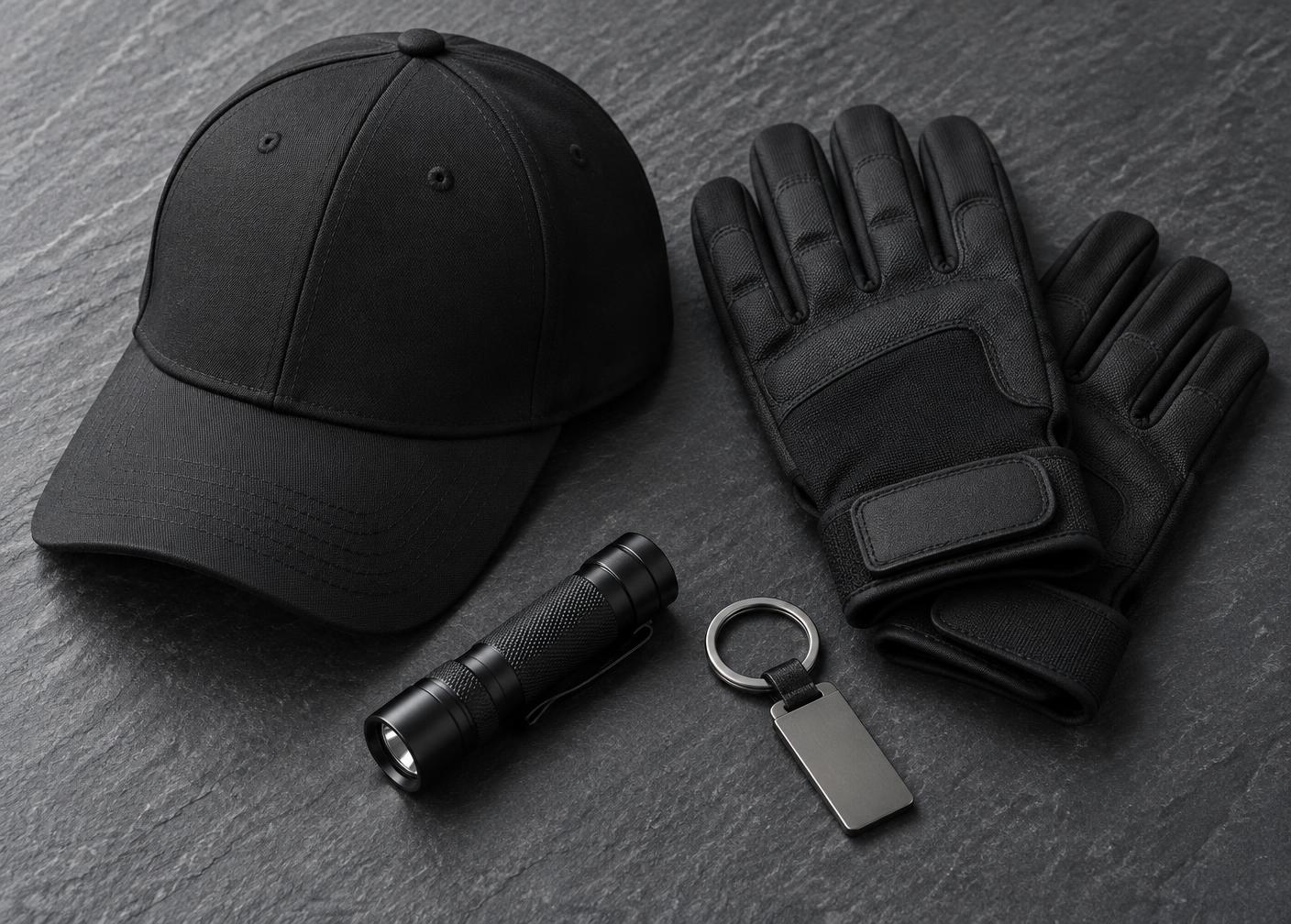Blank cap, gloves, pocket light and keyring ready for branding