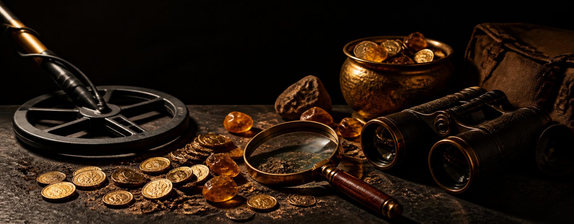 Scattered golden coins, amber gems and metal detecting gear on a dark slate surface